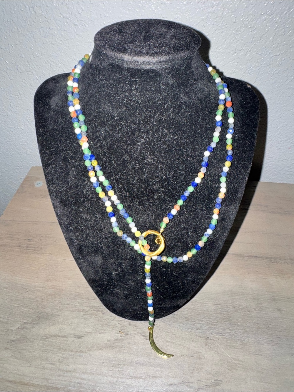 Victoria Emerson Multicolor Beaded Lariat Necklace with Gold Crescent